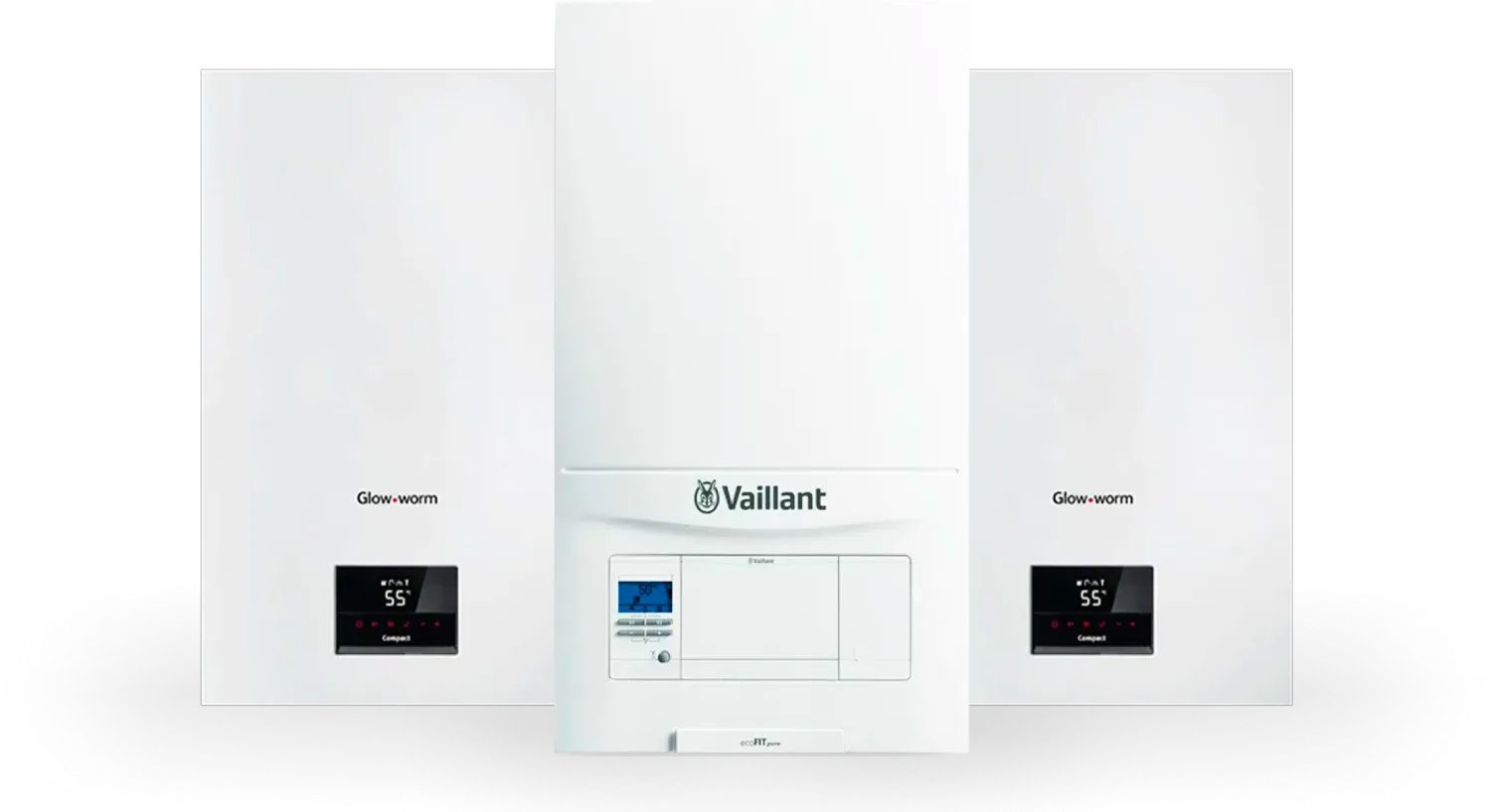 Three wall-mounted domestic gas boilers side by side