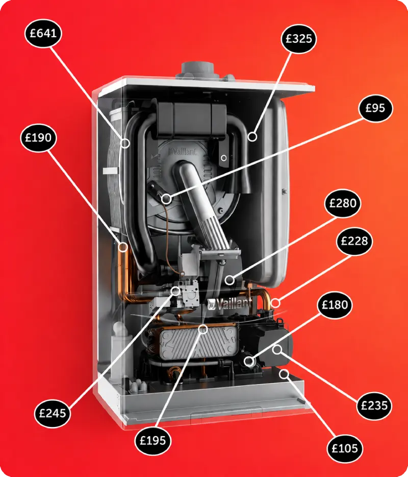 Cutaway Vaillant boiler with labelled component prices