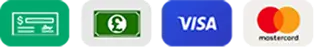 Payment method icons for cheque, cash, Visa and Mastercard